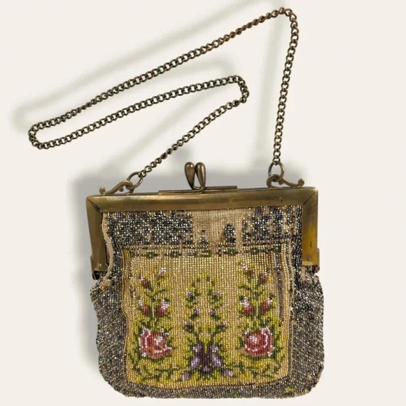 Handbags - Antique Floral Micro Beaded Victorian Women's Purse with Suede Lining